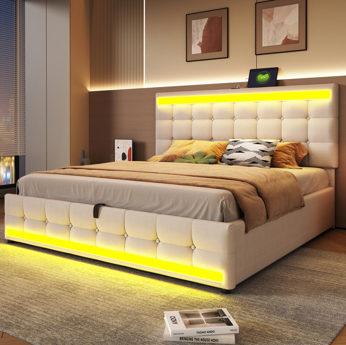 ČALÚNENÁ posteľ 180/200 cm s RGB LED osvetlením, USB portami a nastaviteľným čelom, Béžová - béžová, textil (180/200cm) - Redom