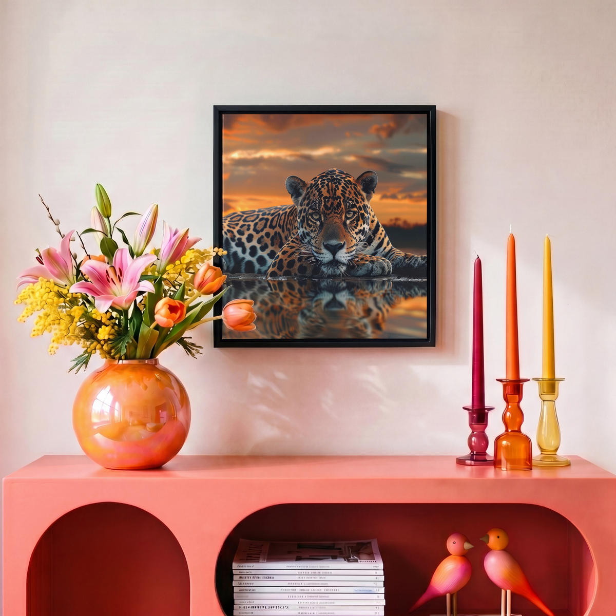 LEINWAND Bilder mit Rahmen - Natur - Leopard - Tier - Sonnenuntergang - Modern - 20x20 - Orange, Textil (20/20cm) - MuchoWow