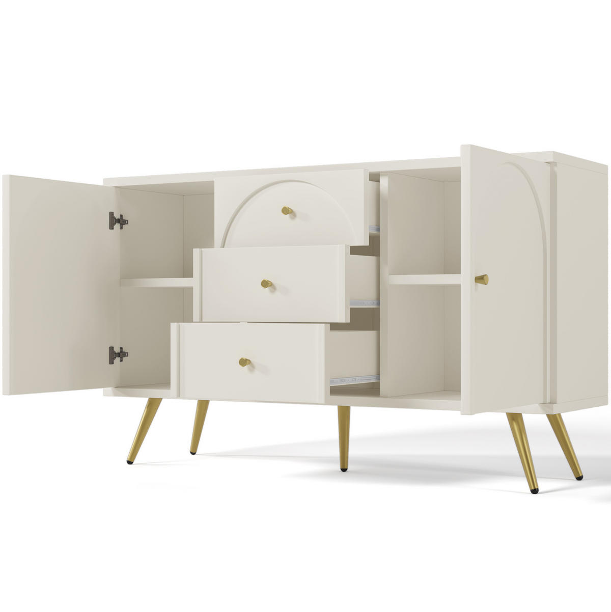 KOMMODE aus Holz und Metall 140x40x84 cm Creme-Weiß mit 2 Türen, 3 Schubladen und verstellbarem Fachboden - Weiß, Holzwerkstoff (140/40/84cm) - Modfu