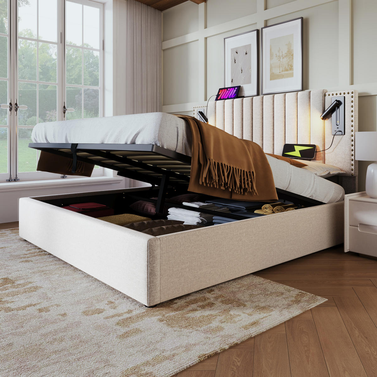 POLSTERBETT 180/200 cm Beige mit Stauraum und Leselicht mit USB-Anschluss - Beige, Textil (180/200cm) - OKWISH