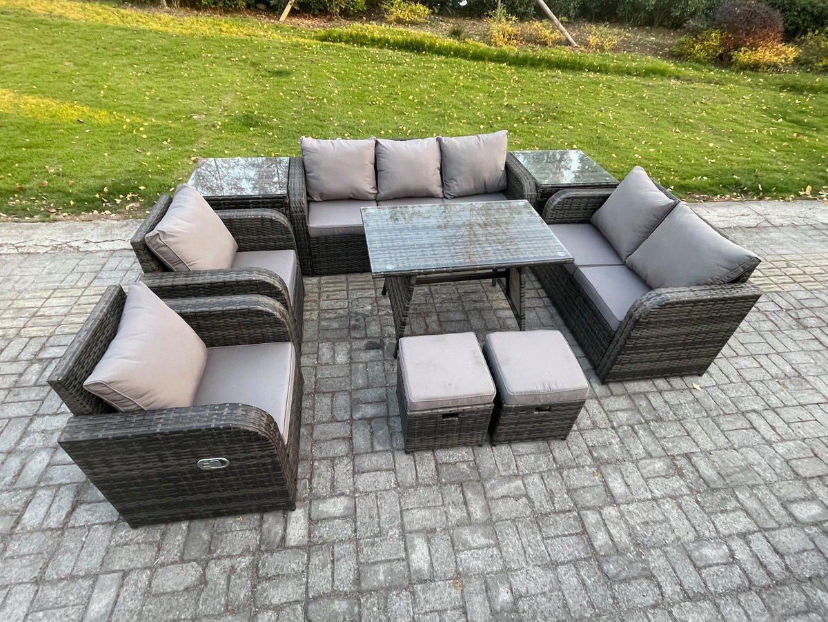 GARTENMÖBEL SET Polyrattan Dunkelgrau 9-Sitzer - Dunkelgrau/Grau, Glas/Kunststoff - Fimous