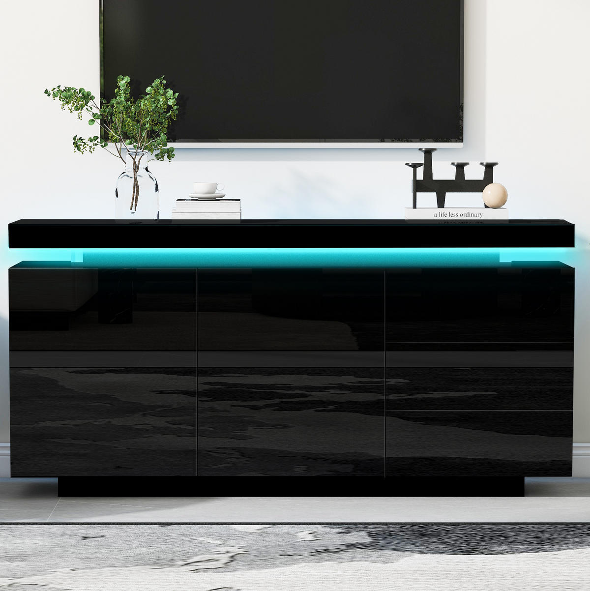 NISKA komoda s LED rasvjetom 140 cm, crna, visok sjaj - crna, drvni materijal (38/72/140cm) - Flora Grace