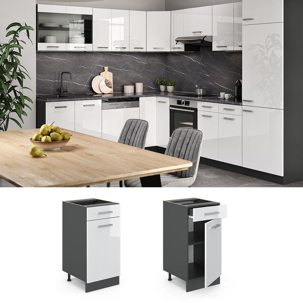 KÜCHENUNTERSCHRANK R-Line Weiß Hochglanz 40 cm, AP Anthrazit - Weiß Hochglanz/Anthrazit, Holzwerkstoff (40/81.6/60cm) - Vicco