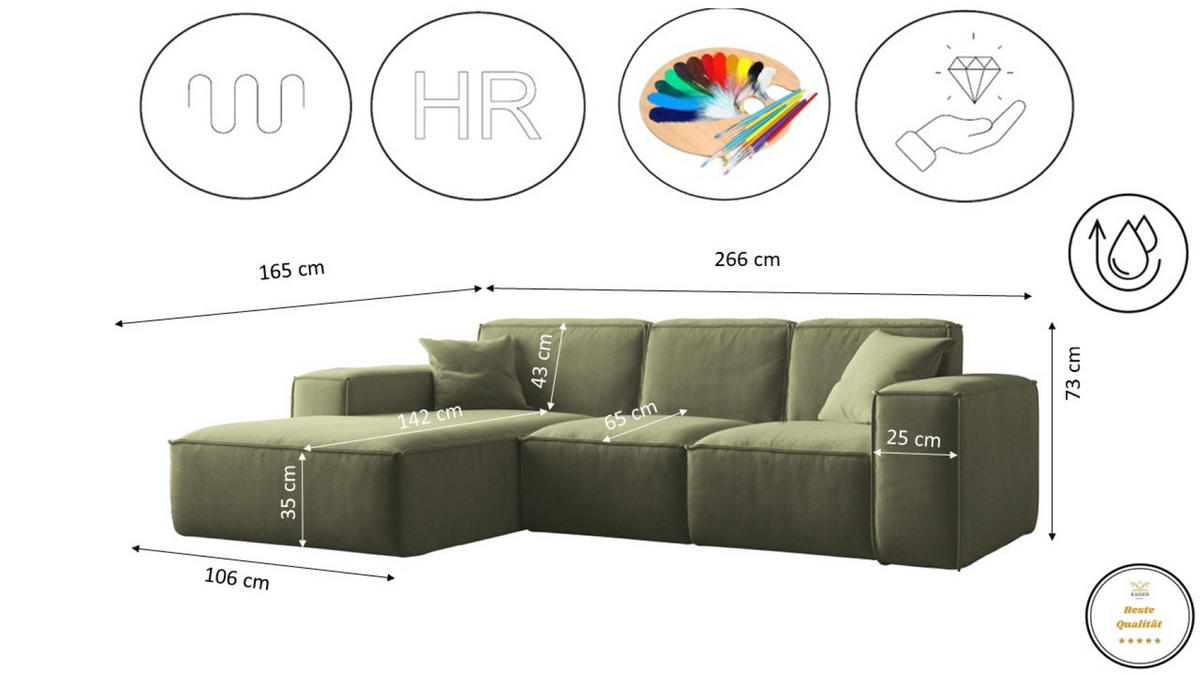 ECKSOFA L-Form Siena Stoff Salvador Olive Links - Olivgrün, Holz (165/266cm) - Kaiser Möbel