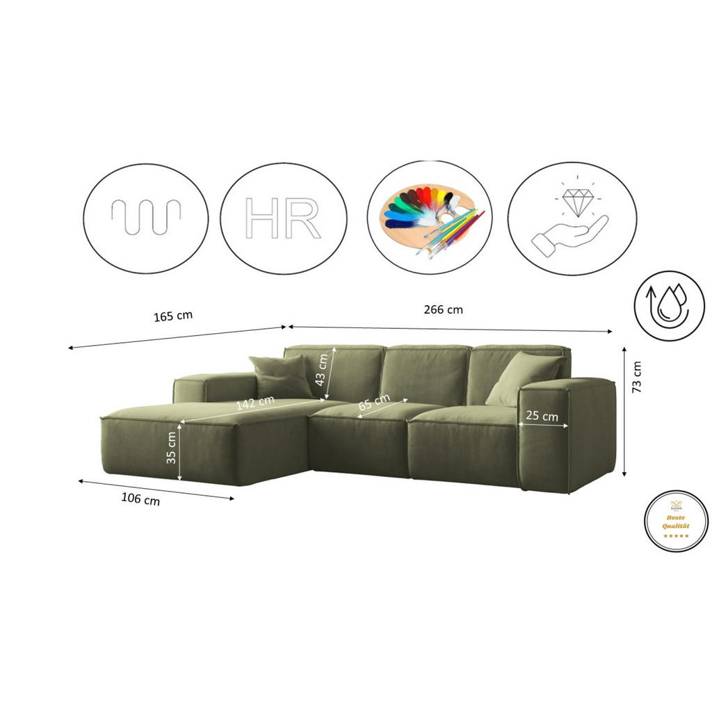 Thumbnail - Kaiser Möbel Ecksofa, Olivgrün, Holz, L-Form, 266x165 cm, Wohnzimmer, Sofas & Couches, Wohnlandschaften, Ecksofas