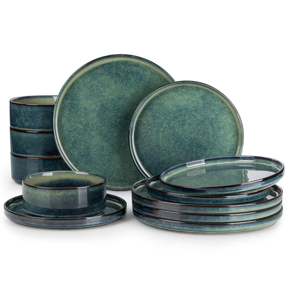 KOMBISERVICE 24-teilig Geschirrset Reaktive Glasur für 8 Personen - Grün, Keramik (26/2.2/26cm) - Kaket