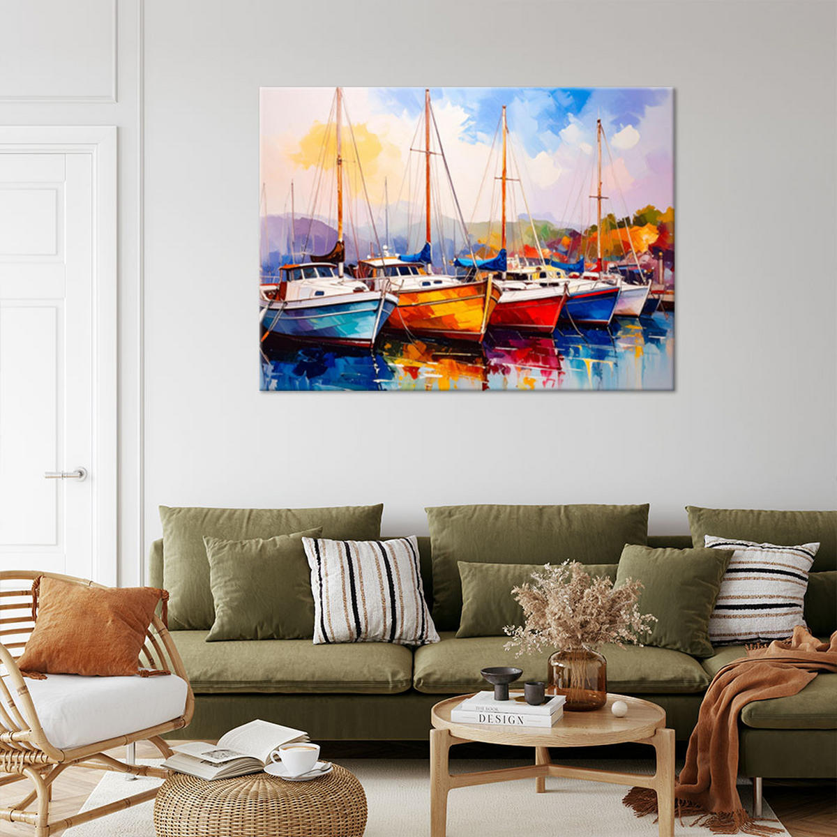 LEINWANDBILD Bunte Boote Schiffe Hafen 90x60cm - Multicolor, Textil (90/60cm) - Feeby