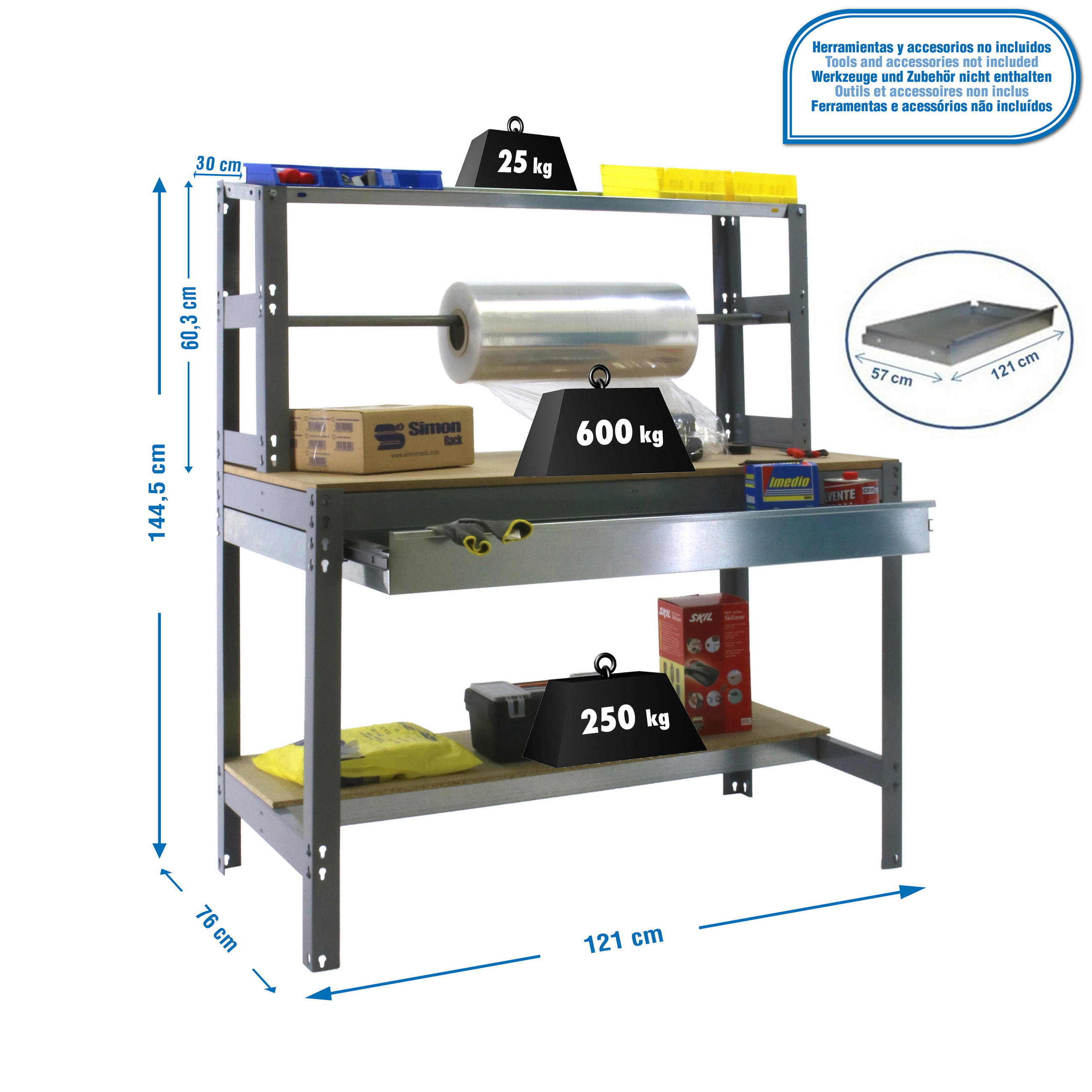 PACKTISCH BUFFALO mit Schubfach | HxBxT 84x120x76cm | Traglast 600kg | Grau - Grau, Metall (120/84/76cm) - PROREGAL