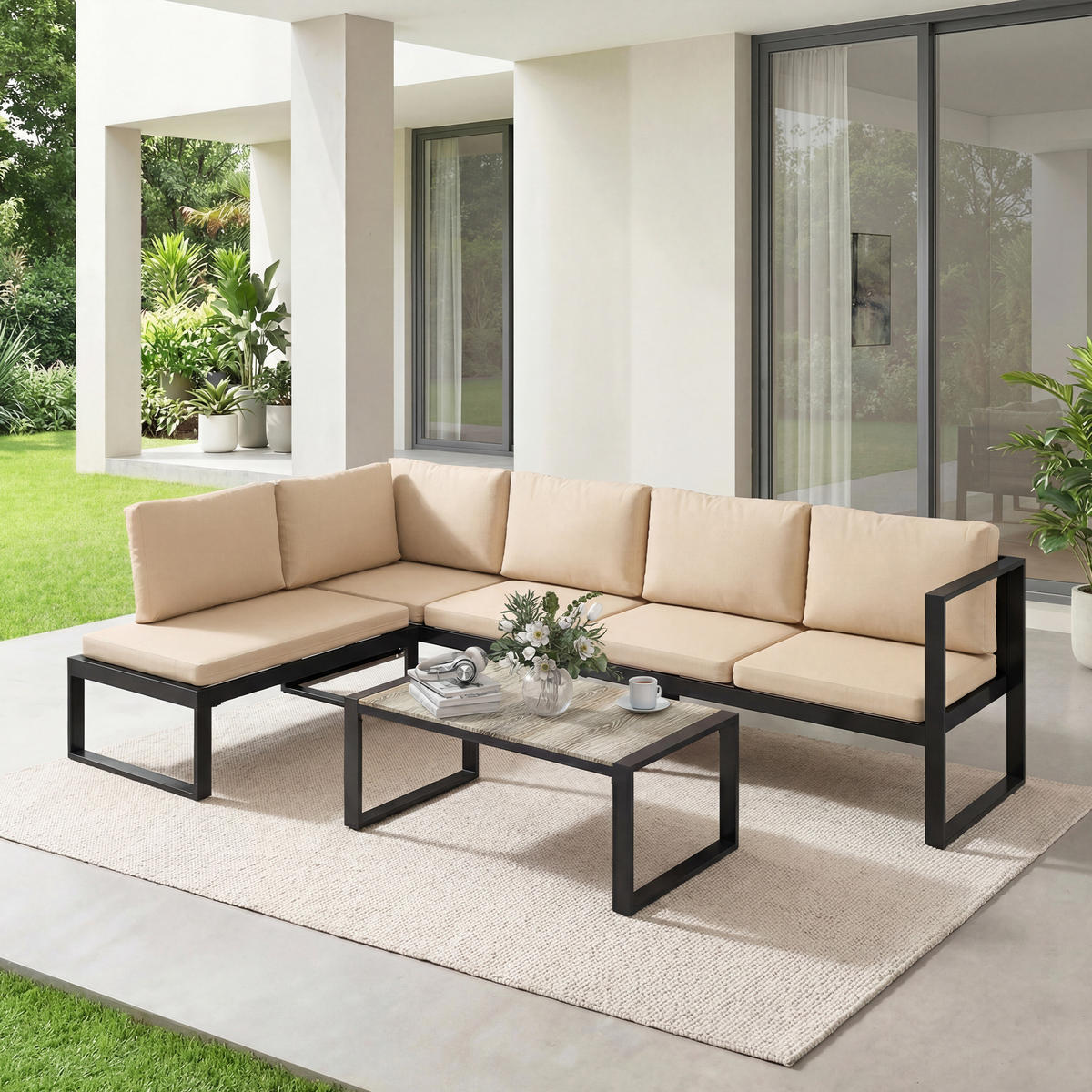 GARTENMÖBEL-SET DE-06584 4-tlg. mit 2 Zweisitzern & Couchtisch Khaki - Taupe, Textil/Metall - ComfortXL