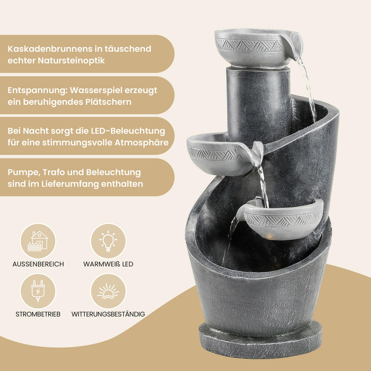 GARTENBRUNNEN, LED-Beleuchtung, Kunststein, Wasserspiel, Grau - Grau, Naturmaterialien (25/24/50cm) - FLIEKS