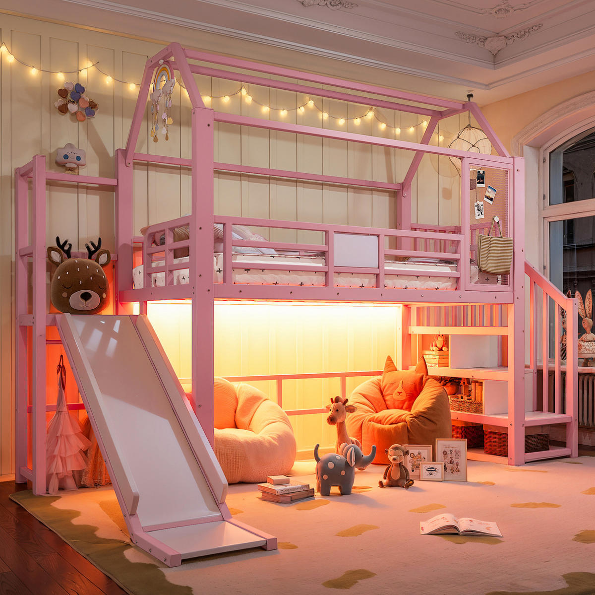 KINDERHOCHBETT MDF & Metall 90x200 cm Pink mit Rutsche, Treppe und LED-Beleuchtung im Hausdesign - Pink, Holzwerkstoff (90/200cm) - Modfu