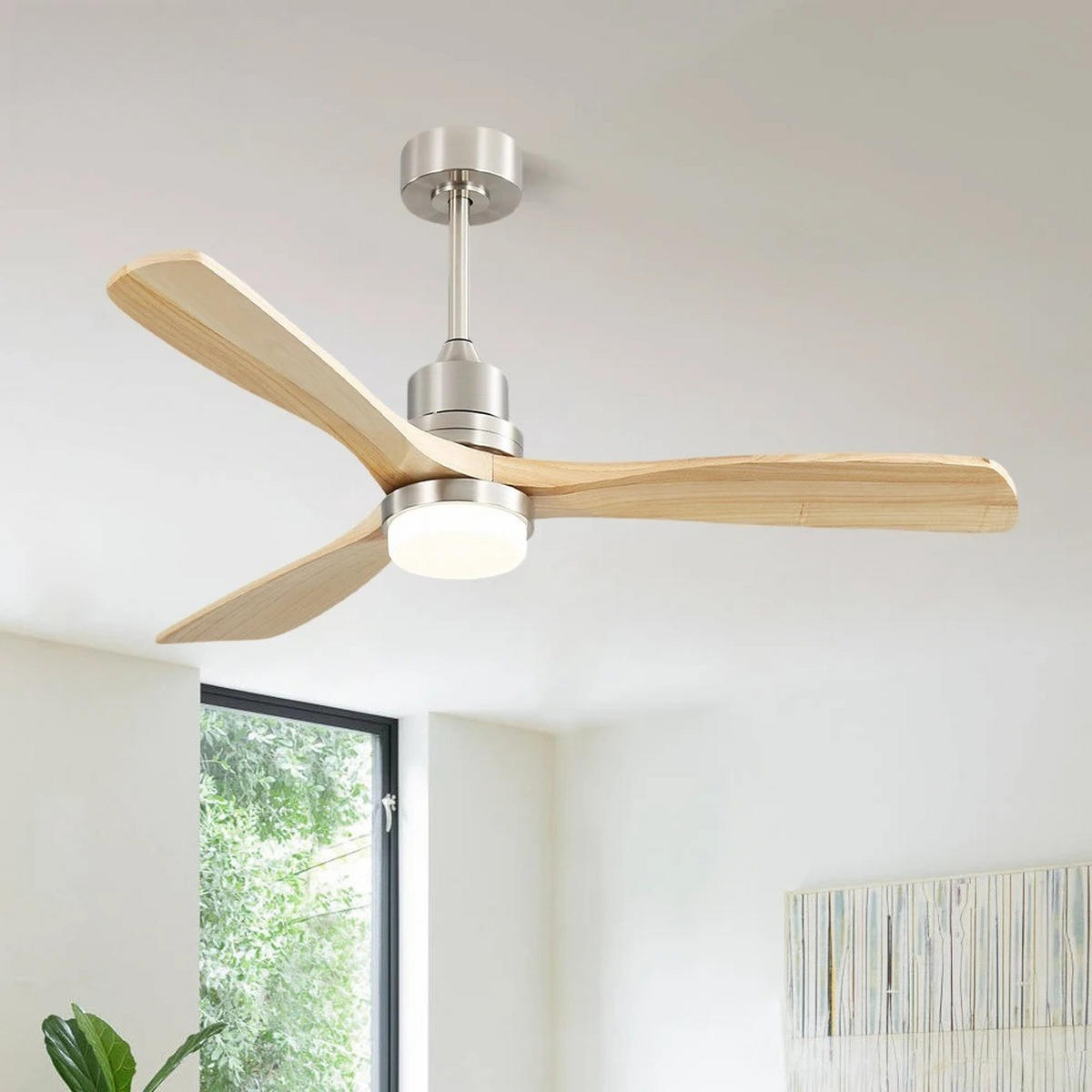 DECKENLEUCHTE mit Ventilator 52 Zoll 3-Blatt, DC 6 Geschwindigkeiten hohe Windgeschwindigkeit mit Fernbedienung, Nickel - Nickelfarben, Kunststoff (132/132/40cm) - Kaket