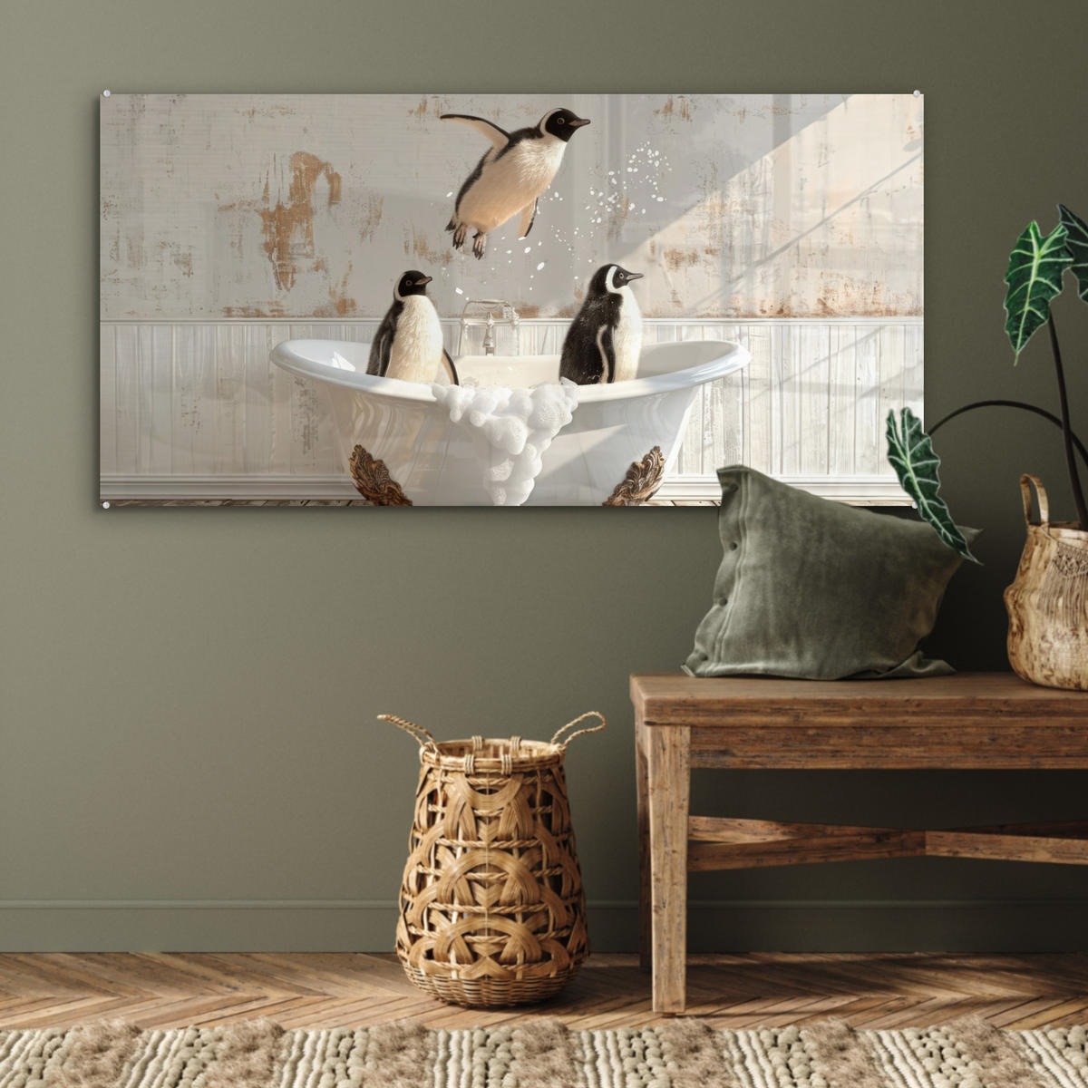 ACRYLGLASBILD Vintage - Pinguin - Badewanne - Schaumstoff 120x60 cm - Schwarz, Glas (120/60cm) - MuchoWow