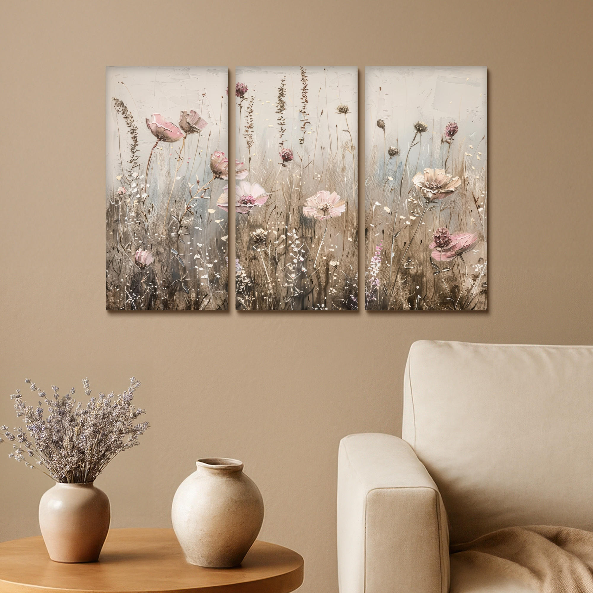 LEINWANDBILD 3er Set Blumen - Beige - Modern - Rosa 60x40 cm - Ecru, Textil (60/40cm) - MuchoWow