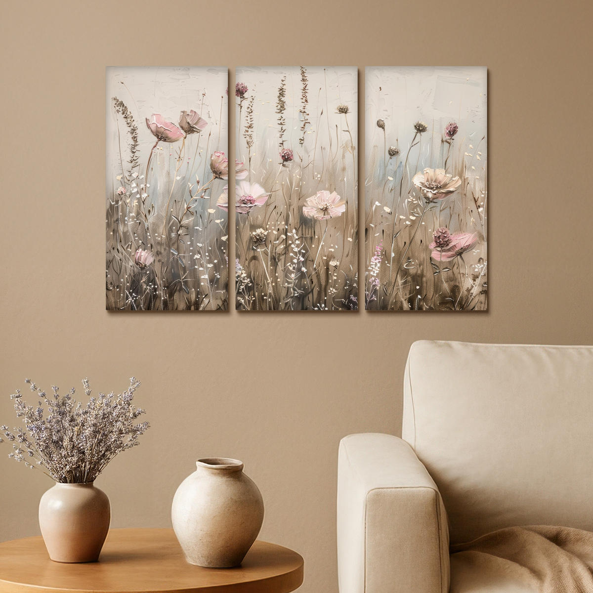 LEINWANDBILD 3er Set Blumen - Beige - Modern - Rosa 60x40 cm - Ecru, Textil (60/40cm) - MuchoWow