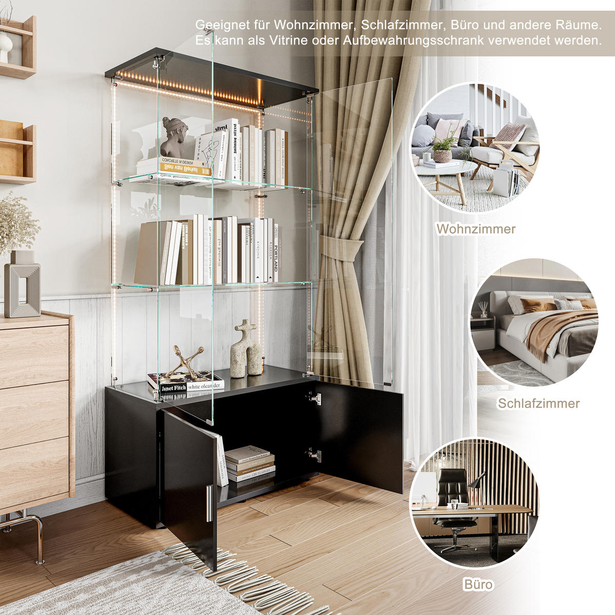 GLASVITRINE 164x78,5x35 cm 4 Türen 6 Einlegeböden LED schwarz - Schwarz, Holz (78.5/164/35cm) - LEBENLANG