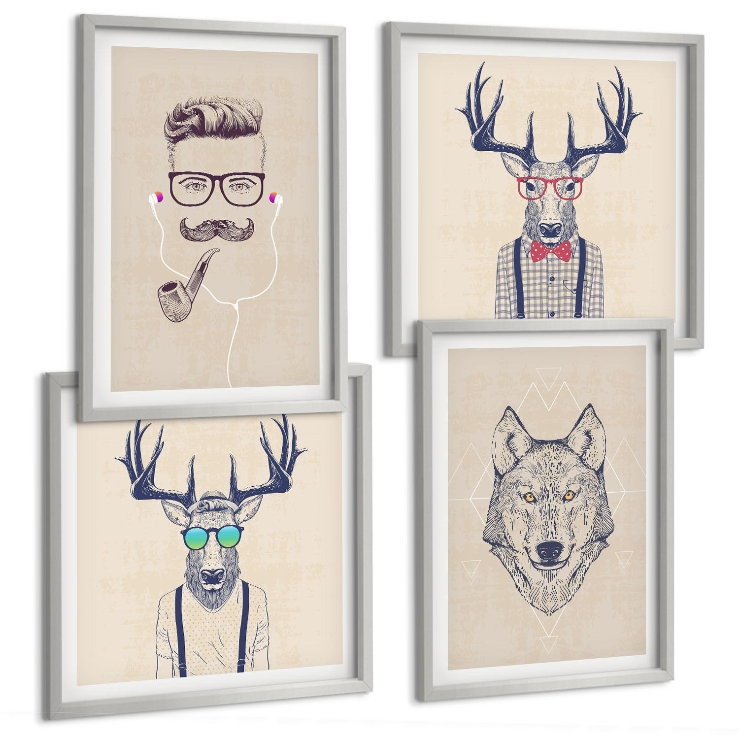BILDER SET 4er Set - 50x50 cm & 40x60 cm Silberner Rahmen - Stilvolle Tierporträts - Silberfarben, Kunststoff (50/50cm) - TULUP