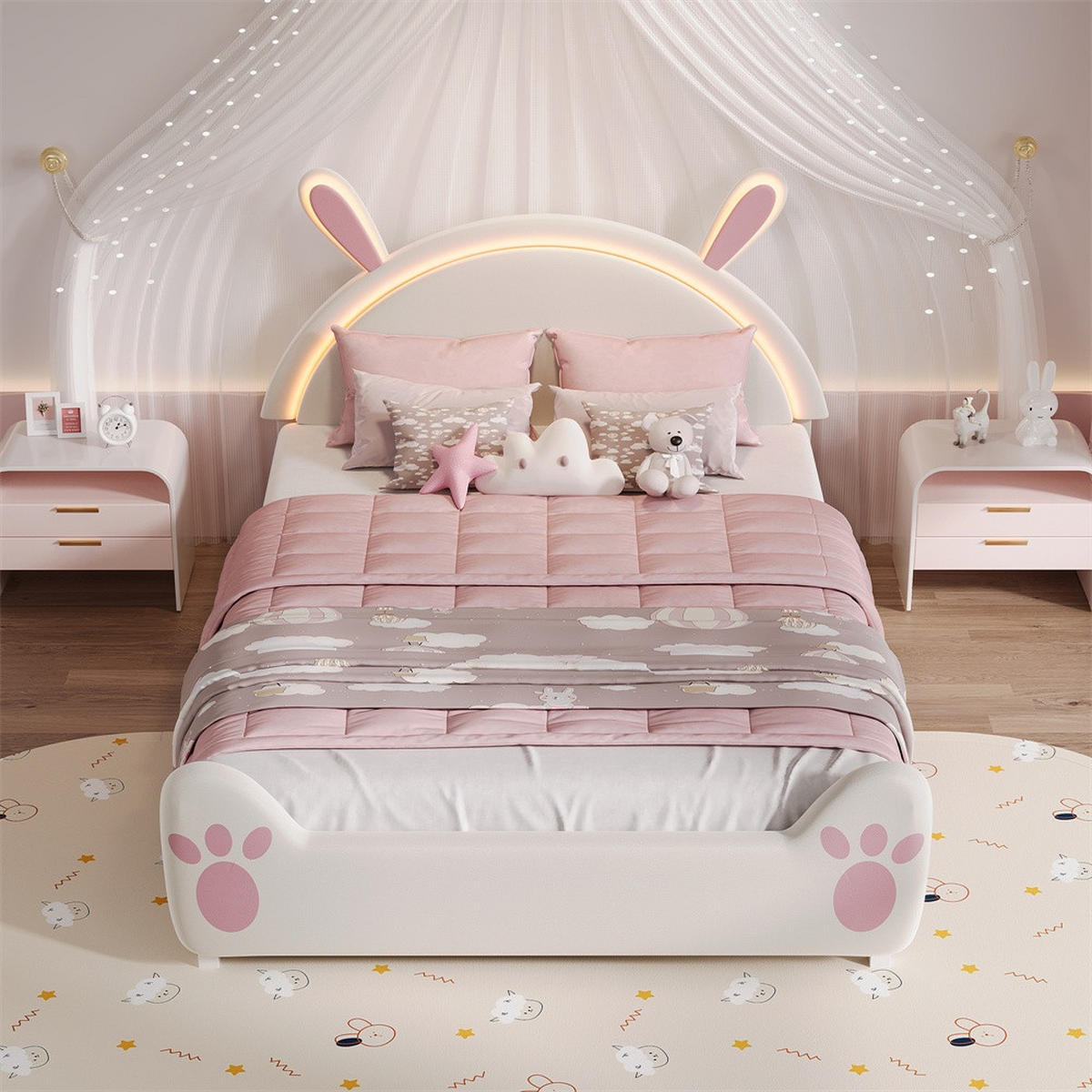 KINDERBETT 140x200 cm Hasenohr-Design mit LED-Beleuchtung und Pfotenmuster - ohne Matratze - Weiß und Rosa - Weiß, Textil (140/200cm) - DELFA
