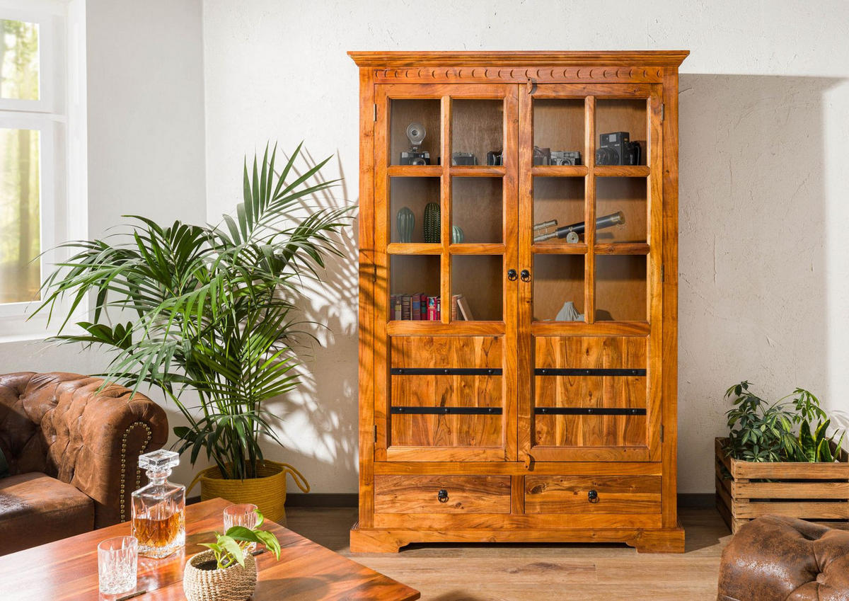 VITRINE Akazie 134x50x196 honig lackiert OXFORD #0456 - Braun, Holz (134/196/50cm) - Massivmoebel24