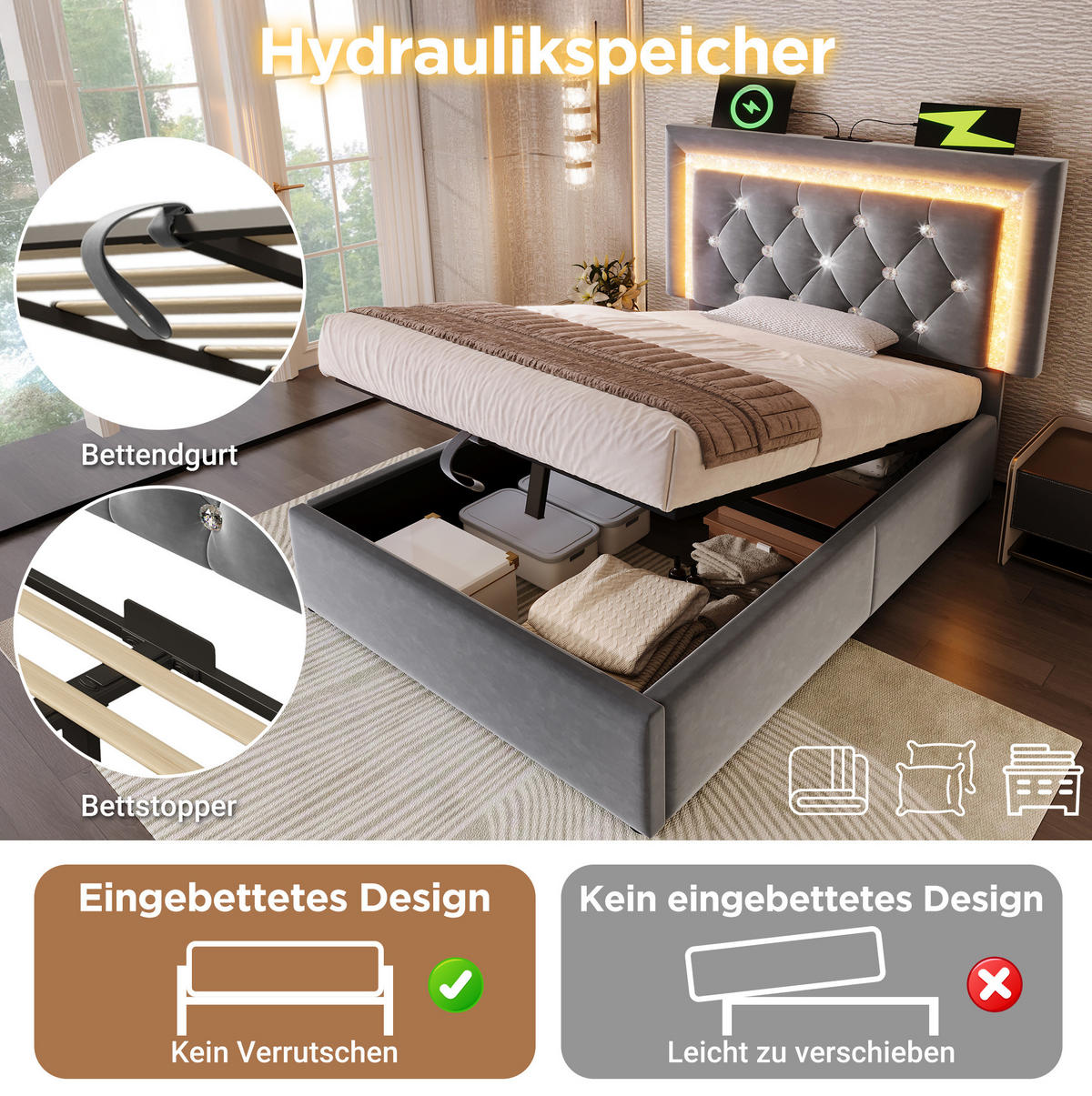 SAMT-POLSTERBETT 90/200 cm mit LED-Beleuchtung, Bettkasten & USB-C in Grau - Grau, Textil (90/200cm) - BEAOK