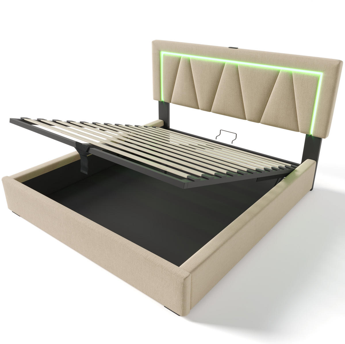 ČALÚNENÁ posteľ 160/200 cm s LED osvetlením, USB a Type-C nabíjaním, úložným priestorom a nastaviteľným čelom, Béžová - béžová, textil (160/200cm) - Redom