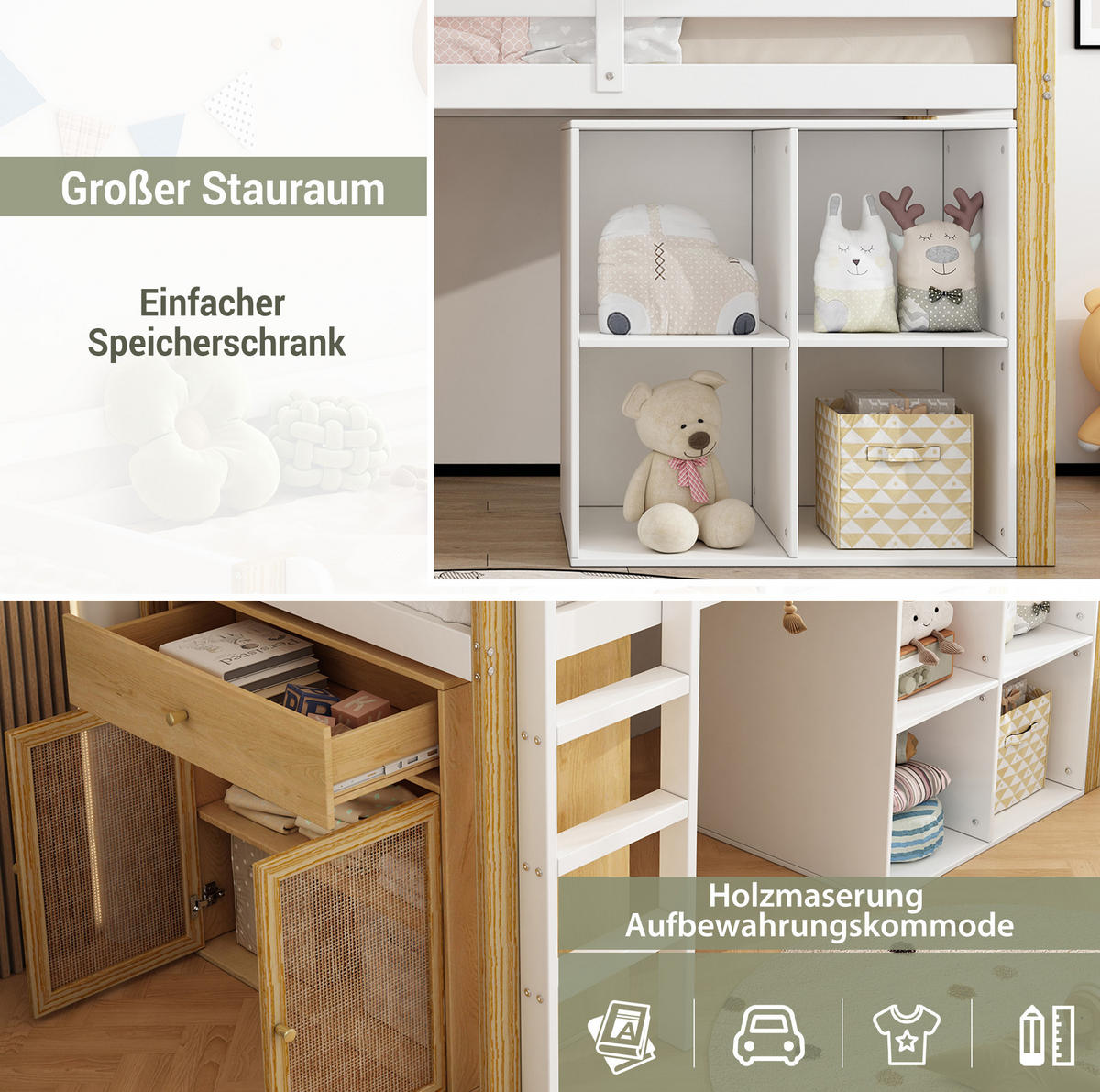 KINDERHOCHBETT aus Massivholz 90x200 cm in Weiß mit 2 Schränken & Leiter - Weiß, Holz (90/200cm) - Modfu
