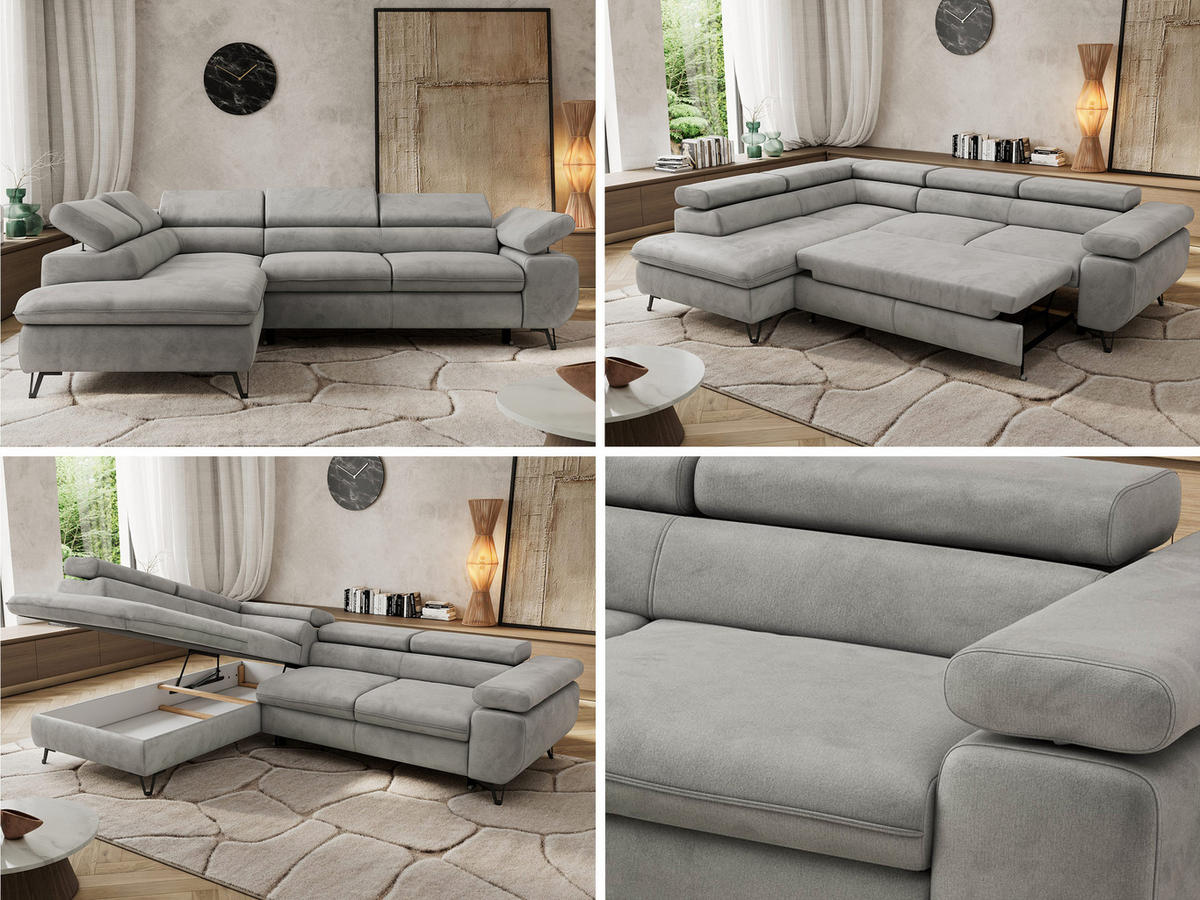ECKSOFA PABLO L Hellgrau Velvet - Links Seite mit Visco Topper - Hellgrau/Schwarz, Textil/Metall (208/273cm) - MKS