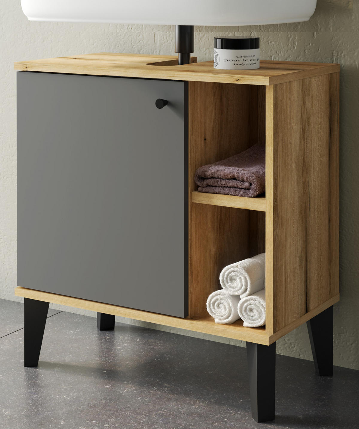 WASCHBECKENUNTERSCHRANK grau, Evoke Eiche, Badezimmer Unterschrank, 60 cm - Eichefarben/Schwarz, Holzwerkstoff/Kunststoff (60/65/33cm) - Furn.Design