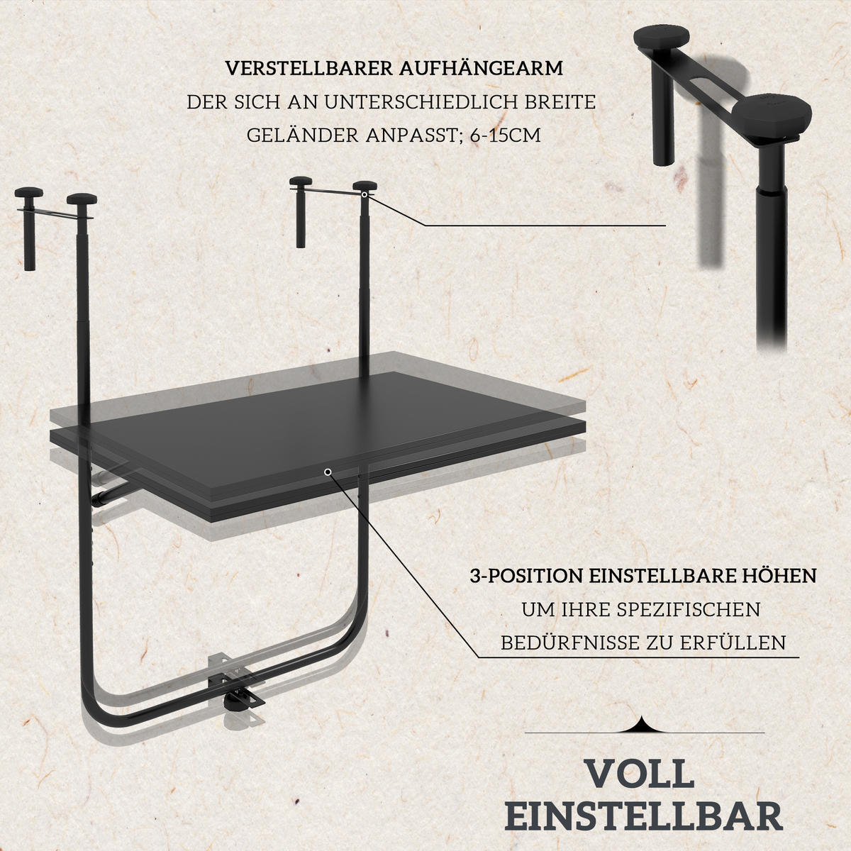 BALKONTISCH DE-07746 klappbar, verstellbar Schwarz - Schwarz, Metall (62/60/85.5cm) - ComfortXL