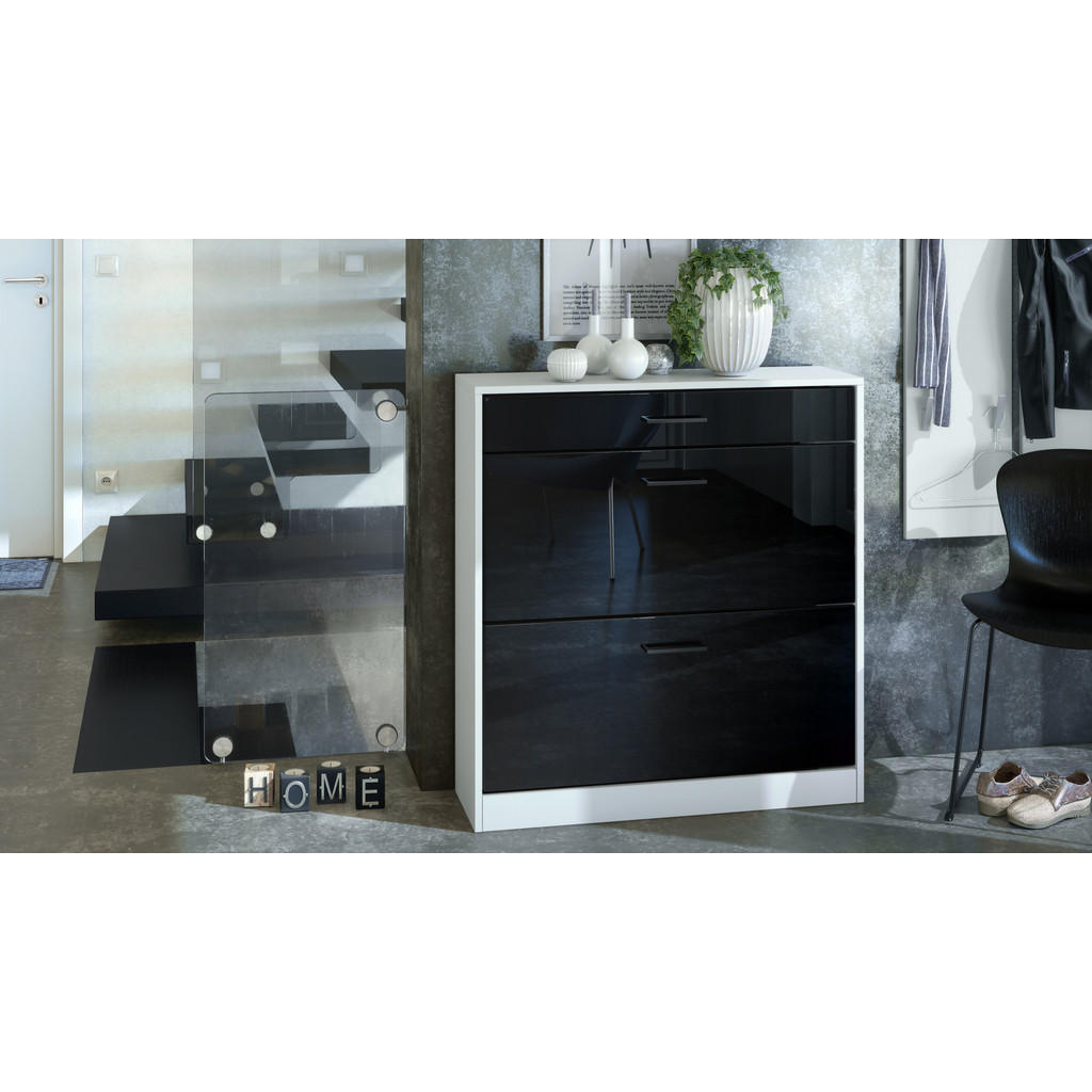 Thumbnail - Vladon Schuhschrank, Schwarz Hochglanz, Holzwerkstoff, 89x95.5x27 cm, Garderobe, Schuhaufbewahrung, Schuhkipper