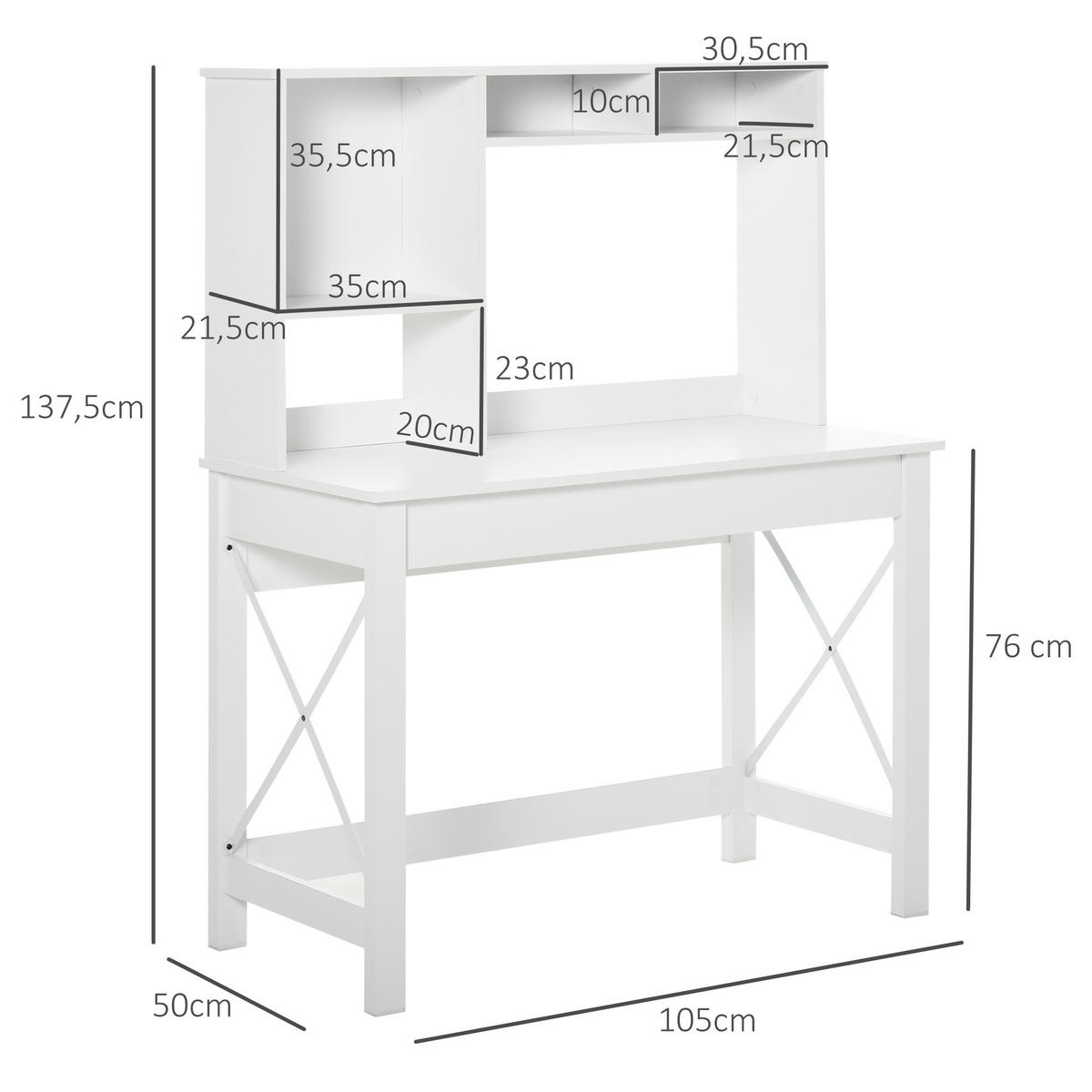 SCHREIBTISCH Weiß mit Regal und Ablagefächern 105/50/137 cm - Weiß, Holz (50/105/137cm) - PANGIVO