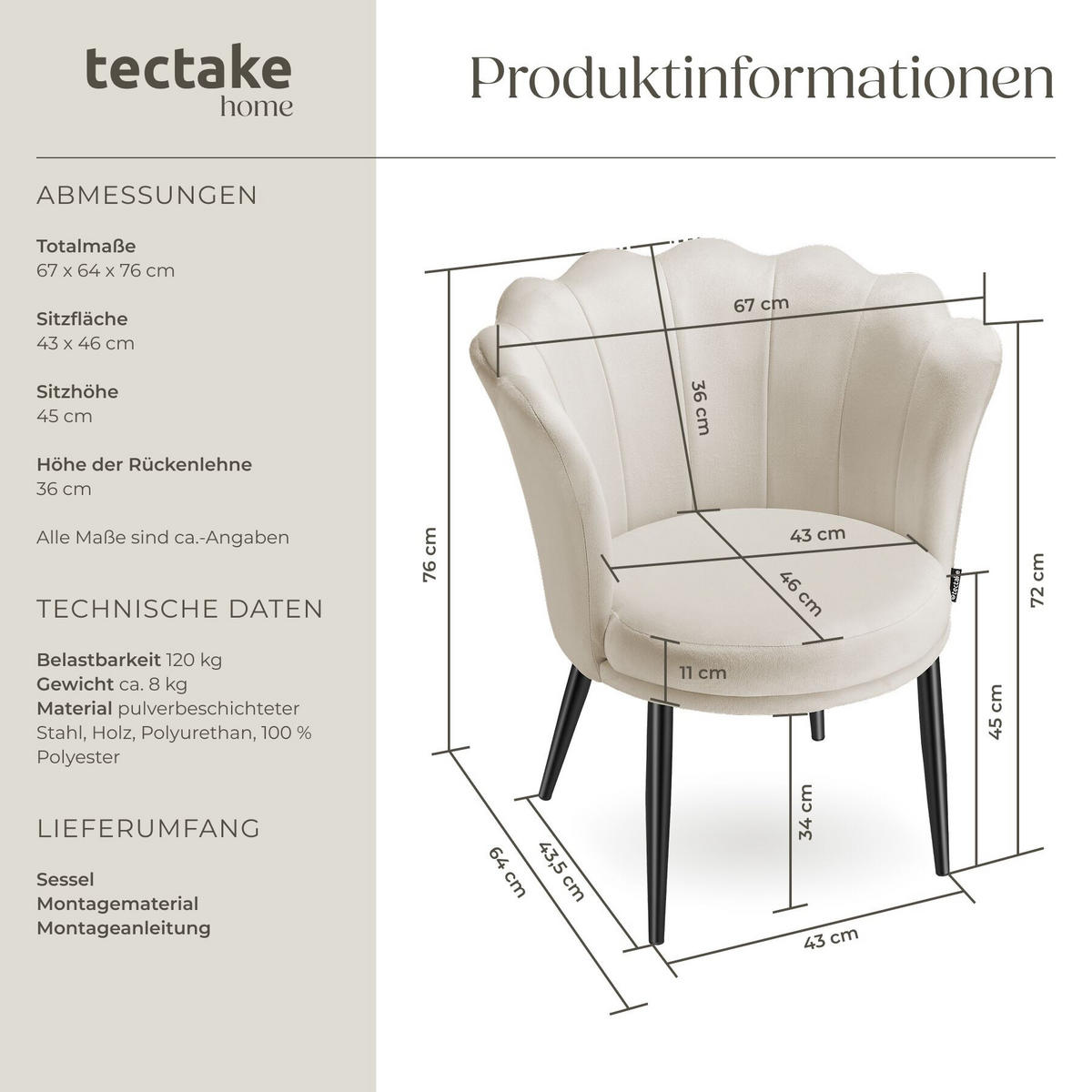 SESSEL Stella,67 x 64 x 76 cm,Samtoptik creme/schwarz - Schwarz/Samtahornfarben, Textil (67/76/64cm) - tectake