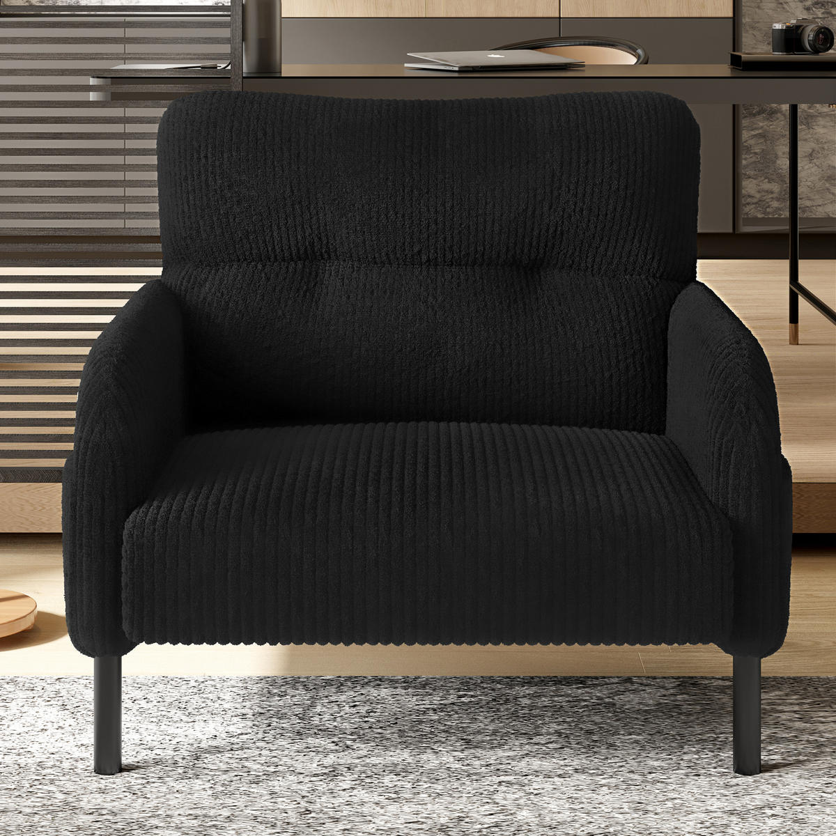 SESSEL Cord Schwarz mit Seitentasche - Schwarz, Textil/Metall (67/79/75cm) - WISHDOR