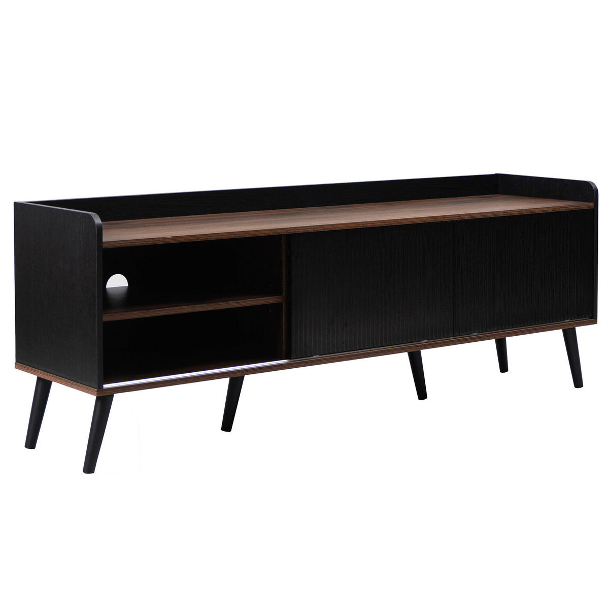 TV-LOWBOARD aus Spanplatte 160x40x58 cm Schwarz/Holzfarben mit 2 Schiebetüren, 2 Schubladen und viel Stauraum - Schwarz, Holzwerkstoff (160/58/40cm) - Modfu