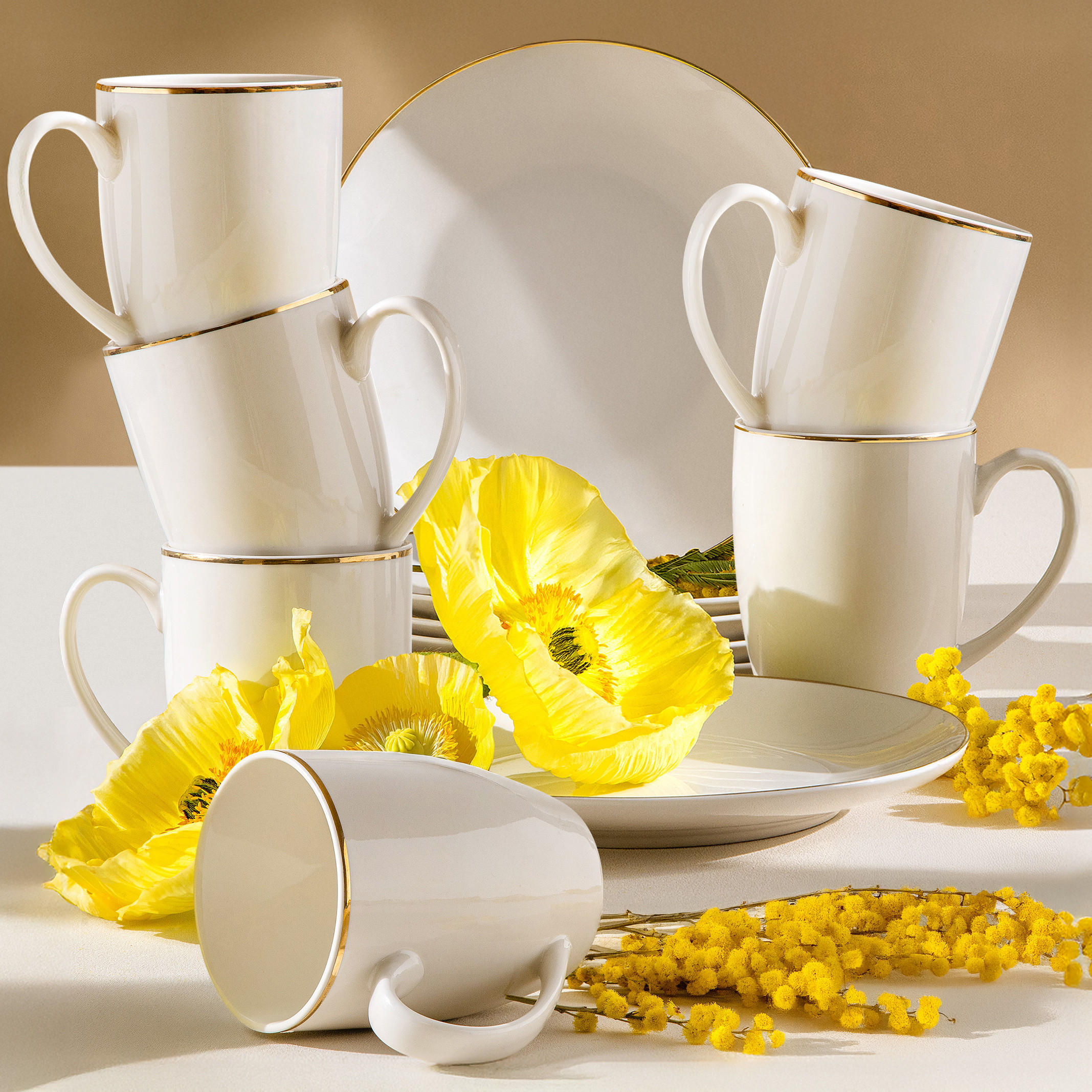 TEESERVICE AD BELLA, 6 Personen, 12-tlg - Ecru/Goldfarben, Keramik (20/10.5/20cm) - KONSIMO®