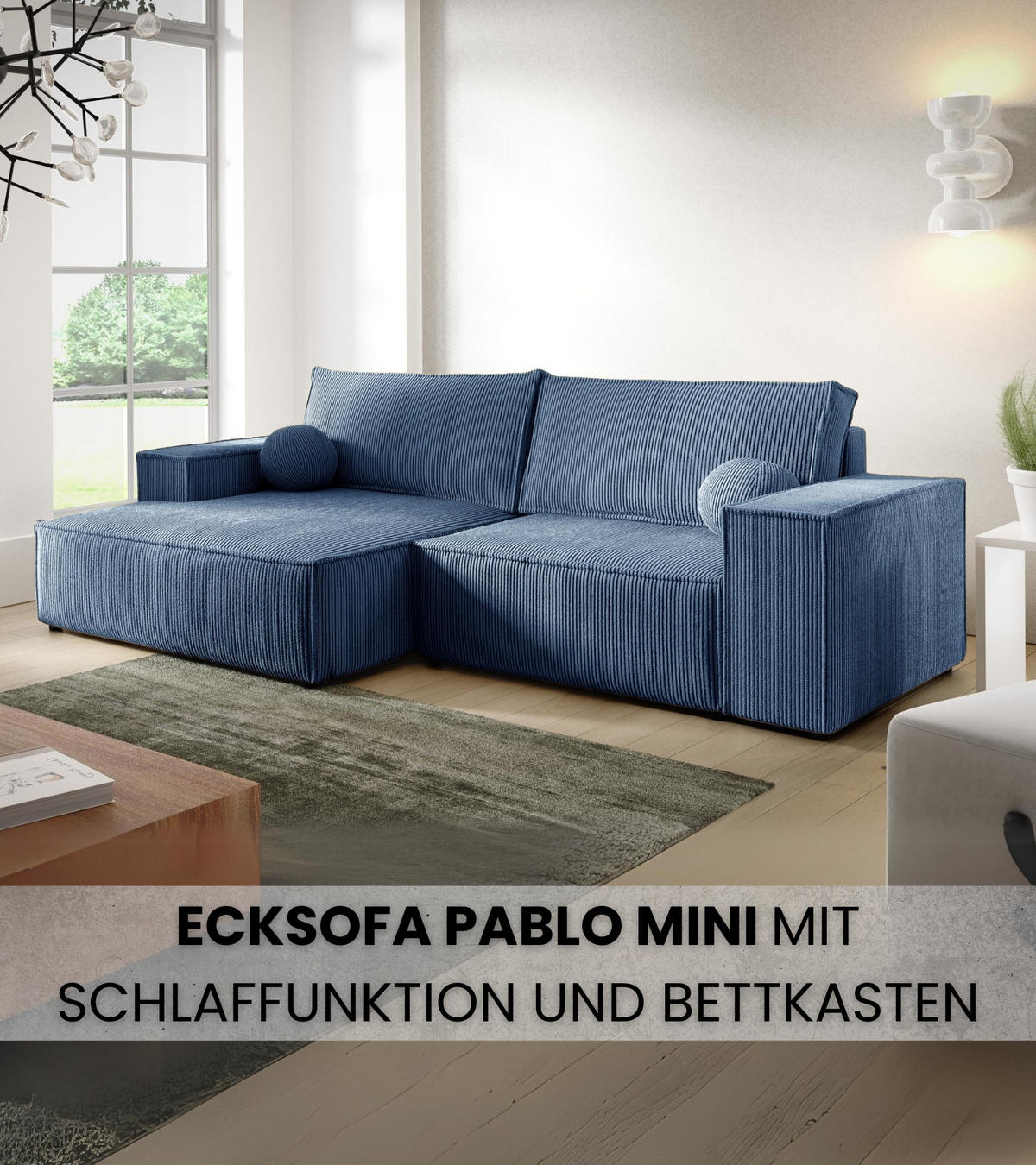 ECKSOFA Pablo Mini mit Schlaffunktion Himmelblau Cord - Blau, Textil (255/148cm) - Bromarkt