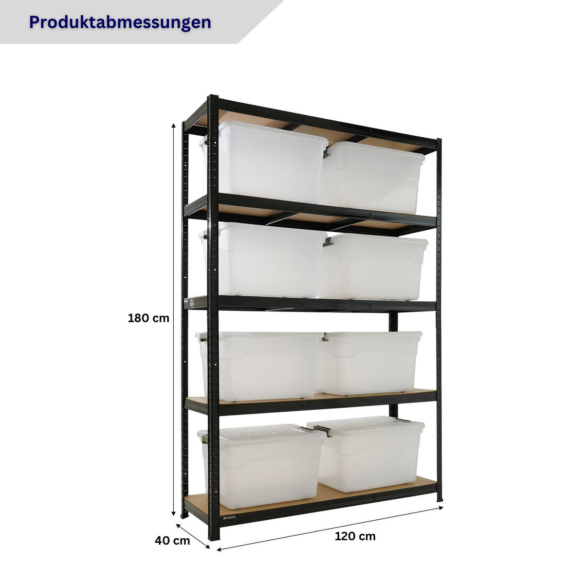 SCHWERLASTREGAL Ragnar inkl. 8x Aufbewahrungsbox 45 Liter - Schwarz, Metall (120/180/40cm) - PROREGAL