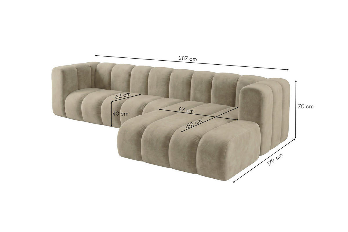 ECKSOFA Modulares In L-Form, Velvet-Stoff Riviera, Beige, Rechts, GRAND 287 cm - Beige, Holz (287/179cm) - Kaiser Möbel