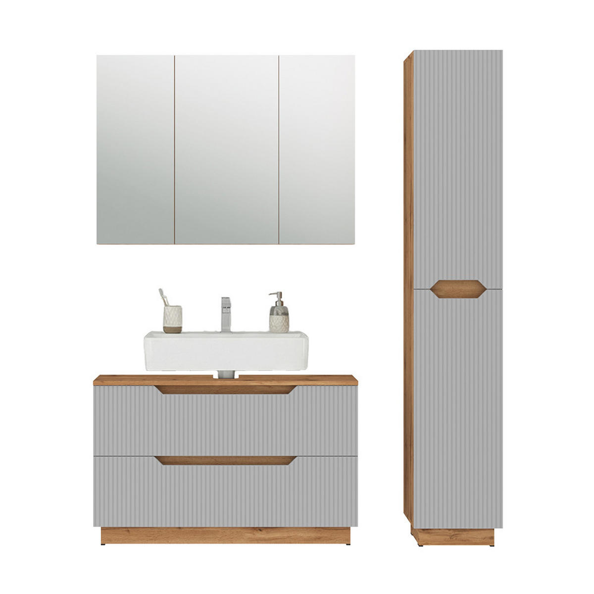 BADMÖBEL-SET Lotta Eiche/grau gestreift 3 Teile - Eichefarben/Grau, Holzwerkstoff (99.4/62.5/32cm) - Vicco