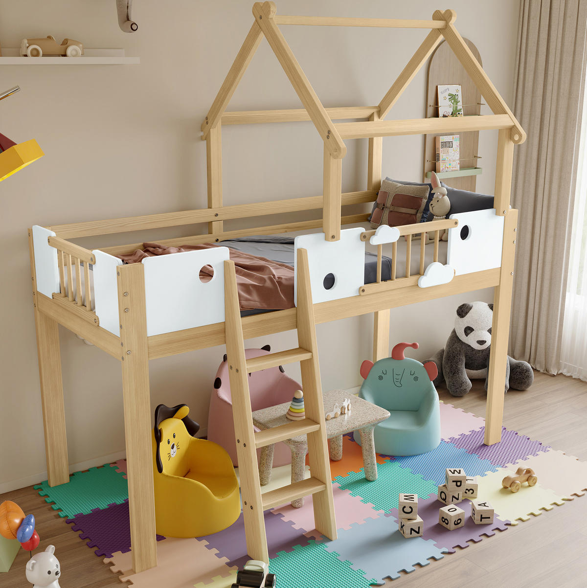 HOCHBETT 90/200 cm in Weiß/Natur mit Rausfallschutz und Schrägleiter - Naturfarben, Holzwerkstoff (90/200cm) - BEAOK