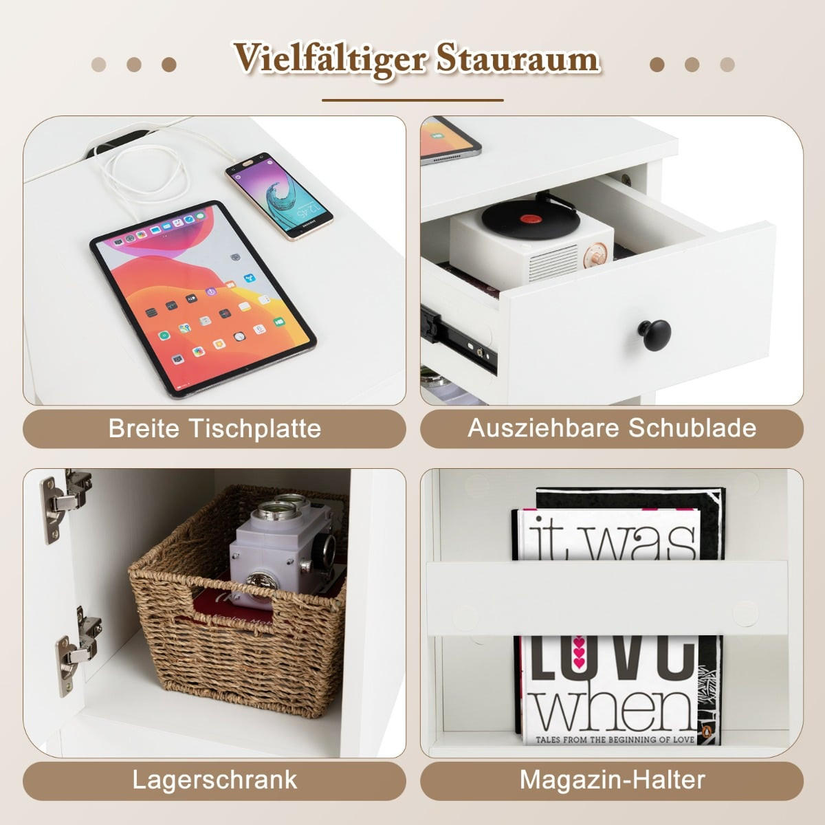 BEISTELLTISCH mit integrierter Ladestation, Schublade und Zeitschriftenhalter, Weiß - Weiß, Holzwerkstoff (60/60/35cm) - DESIGN IN