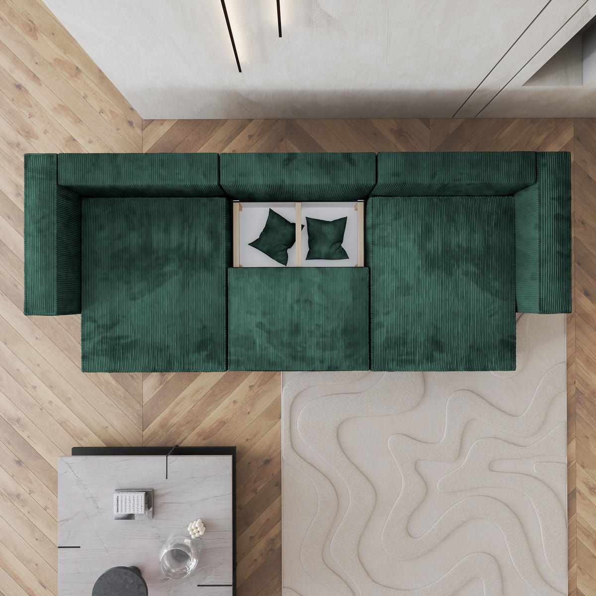 WOHNLANDSCHAFT SARMO P Grün Kordstoff mit Schlaffunktion - Grün, Holz (347/70/148cm) - MASSENO