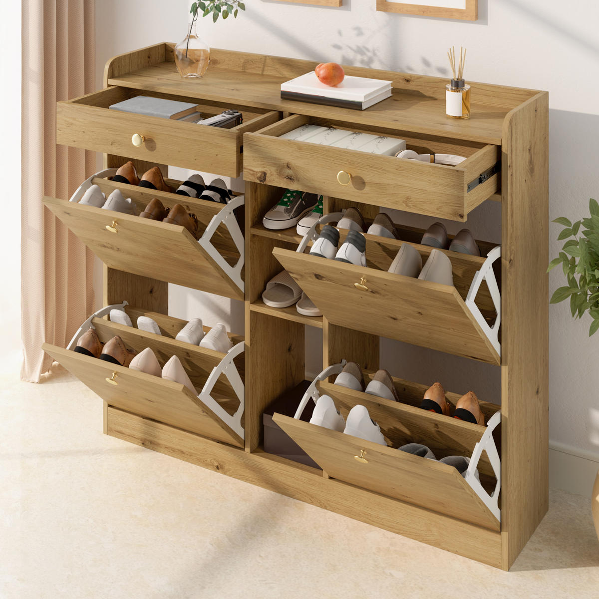 SCHUHSCHRANK aus Spanplatte 110x26x100cm in Natur mit 4 Klapptüren - Naturfarben, Holzwerkstoff (110/100/26cm) - Modfu