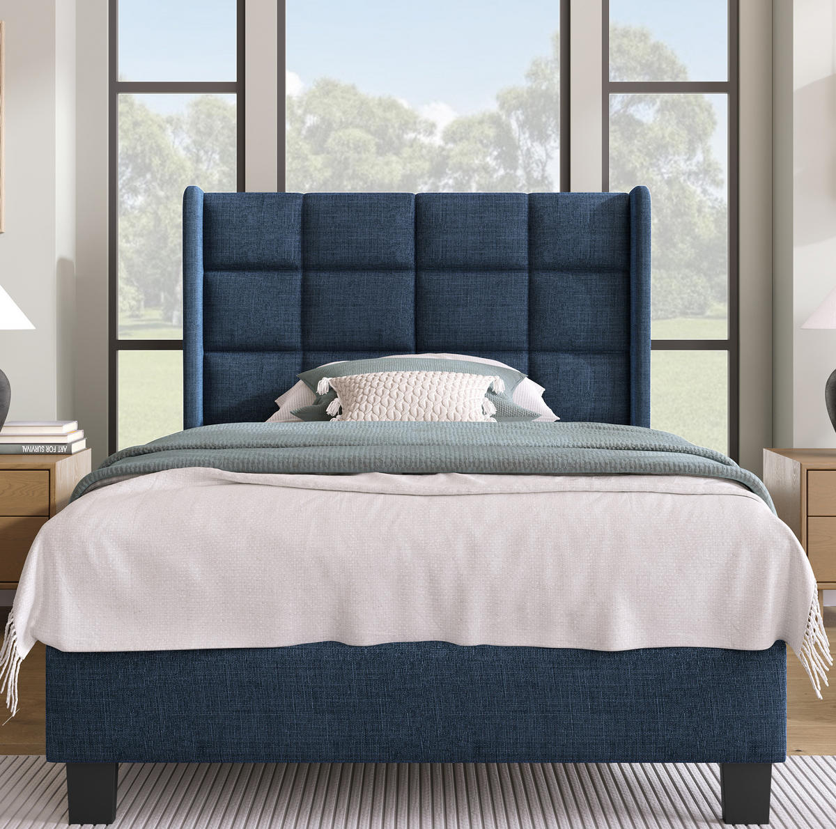 POLSTERBETT 90/200 cm Blau aus Leinen mit Lattenrost und gepolstertem Kopfteil - Blau, Textil (90/200cm) - OKWISH