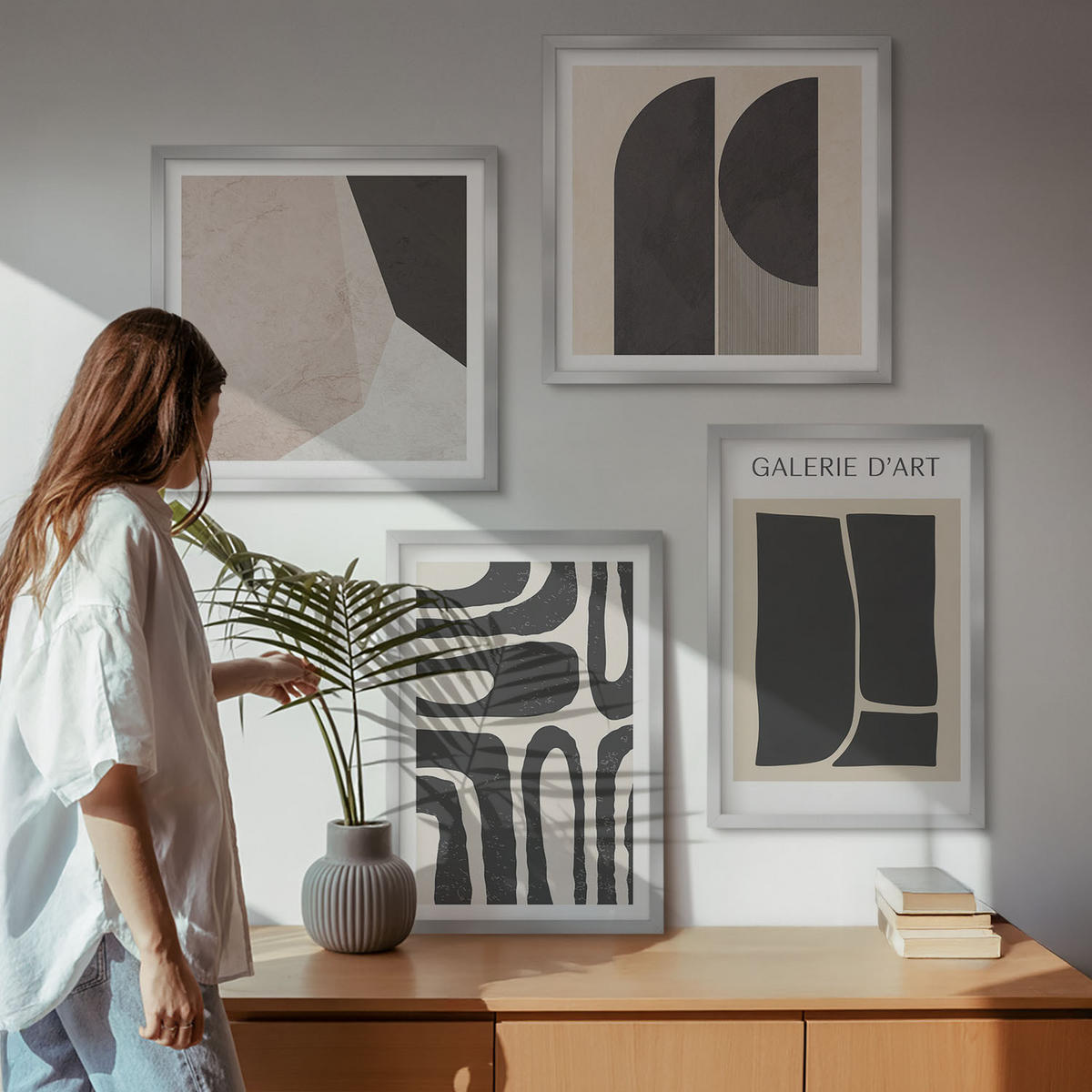 WANDBILDER 4er Set - 50x50 cm & 40x60 cm Silberner Rahmen - Abstrakte minimalistische Poster - Silberfarben, Kunststoff (50/50cm) - ArtPrintCave