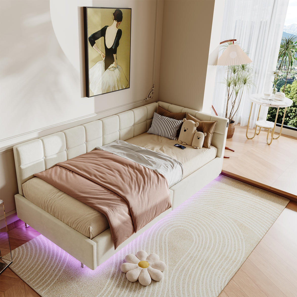 POLSTERBETT 90x200 cm Beige mit hydraulischem Stauraum, LED Beleuchtung, Eckbett mit Rückenlehne - Beige, Metall (90/200cm) - EuroLiving