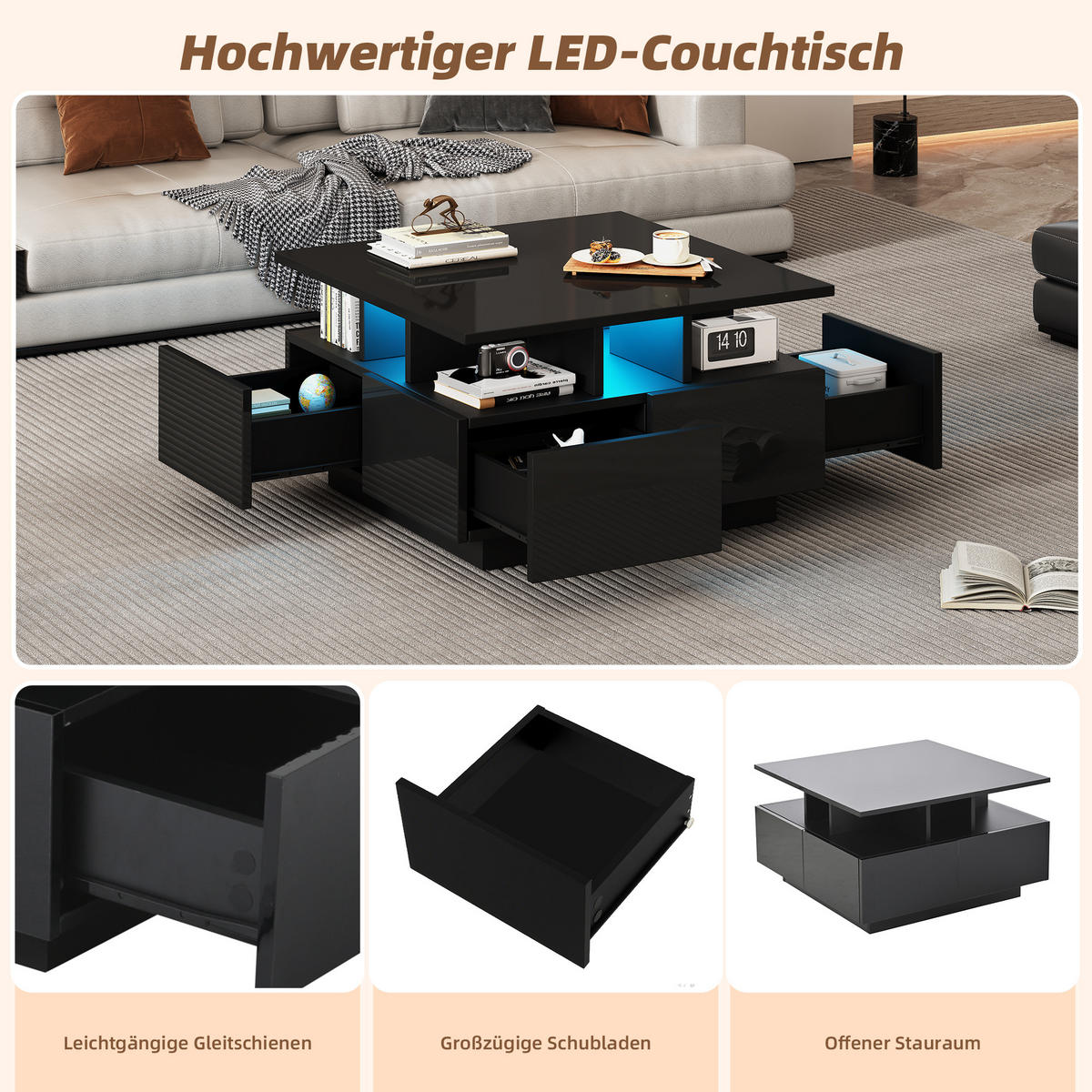 COUCHTISCH 70/70/40 cm schwarz mit 4 Schubladen und LED-Beleuchtung - Schwarz, Holzwerkstoff (70/70/40cm) - OKWISH