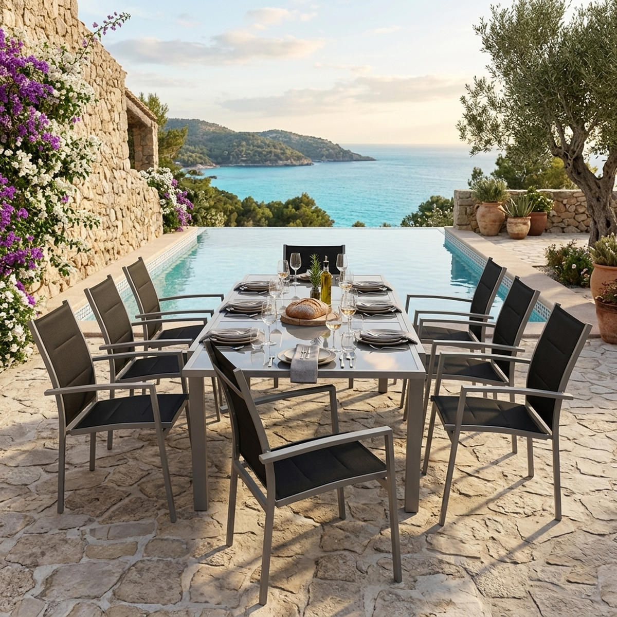 GARTEN-GARNITUR Ashford - 9-teilige Garten-Essgruppe (8x Stapelsessel mit Aluminiumgestell, Bespannung Textillehne schwarz, Ausziehtisch - Schwarz, Metall - TPFGarden