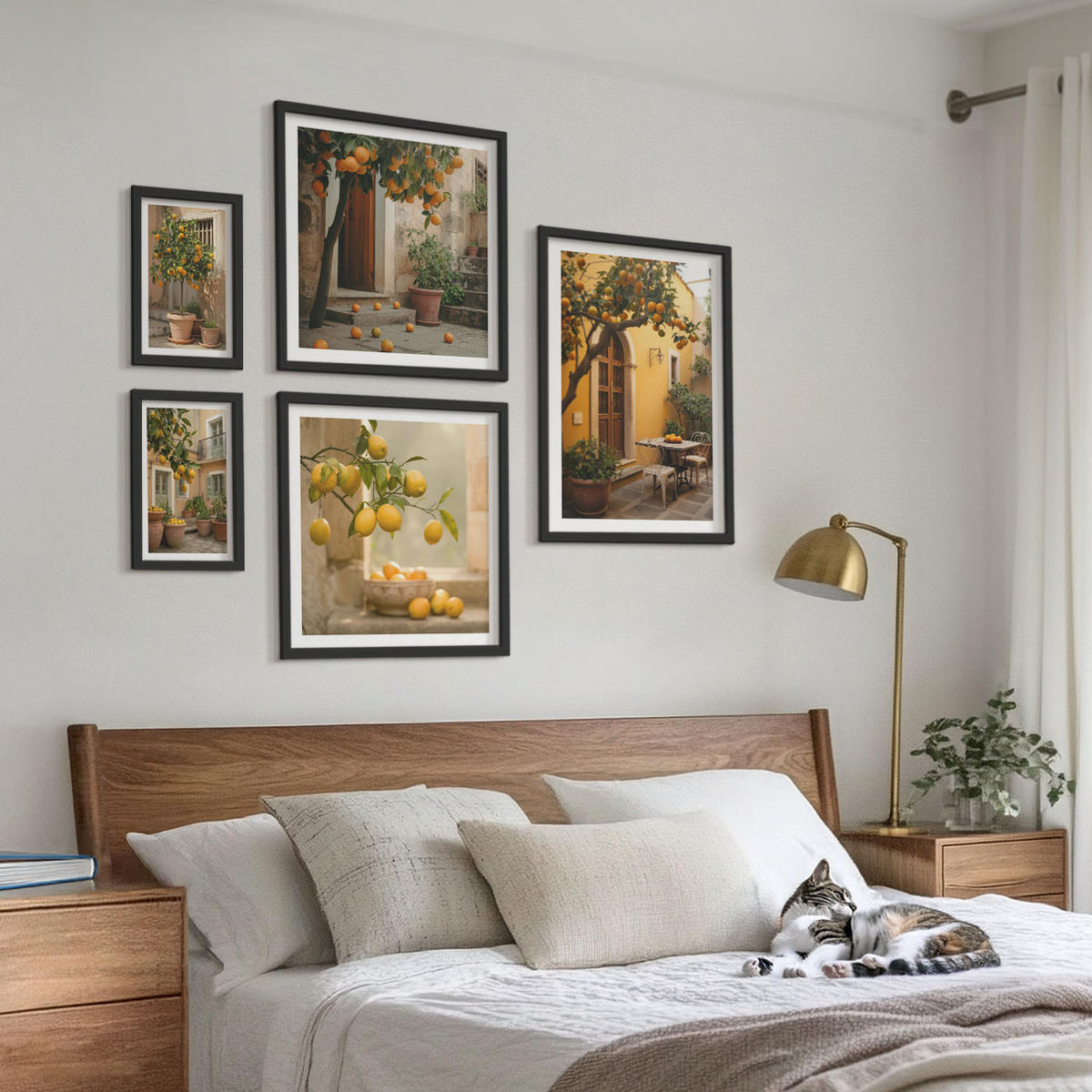 WANDBILDER 5er-Set - 50x50 cm & 20x30 cm & 40x60 cm Schwarzer Rahmen - Terrasse mit Zitrusbäumen - Schwarz, Kunststoff (40/60cm) - ArtPrintCave