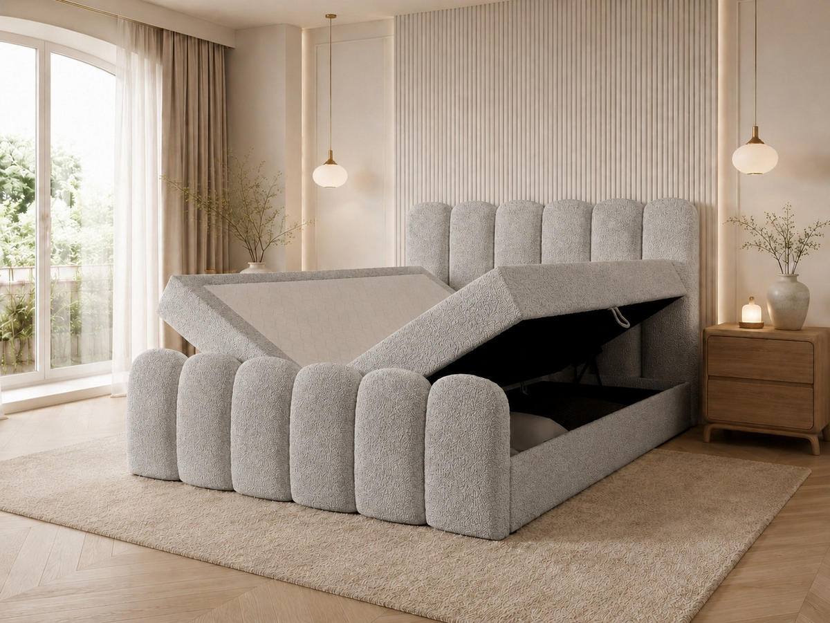 BOXBETT CUDDLE 180x200 cm in Grau, Bettkasten, Topper, Bouclé-Stoff - Grau, Holz/Textil (180/200cm) - EMLAR Home